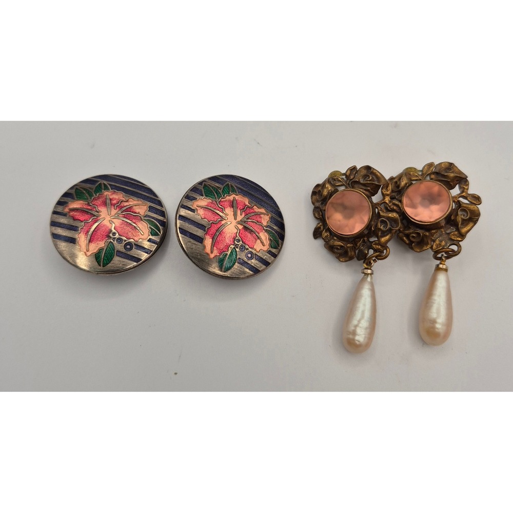 Vintage Enamel Hibiscus Floral Faux Pearl Dangle Clip On Earring Lot Pink Gold